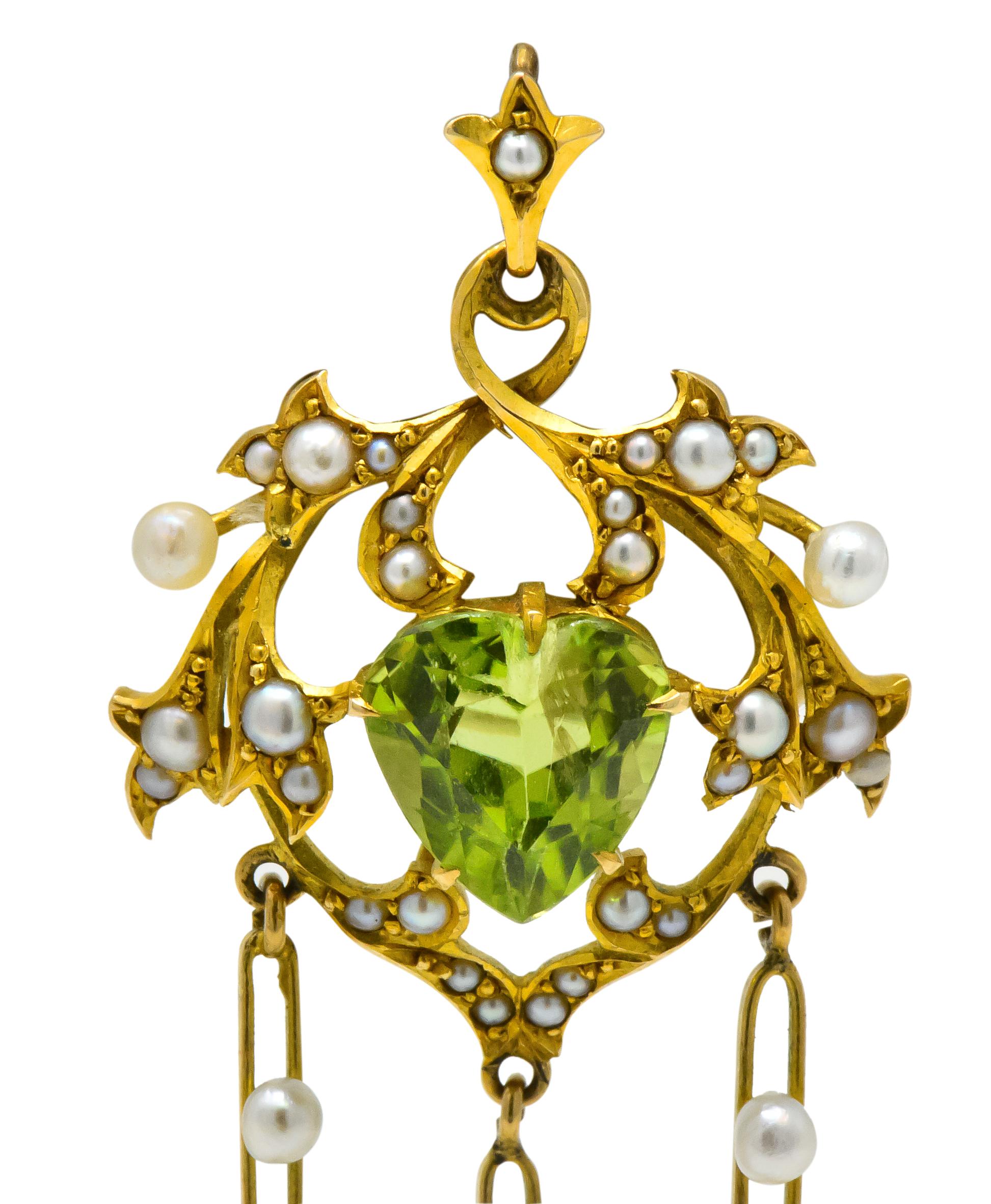 Women's or Men's Art Nouveau Peridot Pearl 14 Karat Gold Drop Pendant