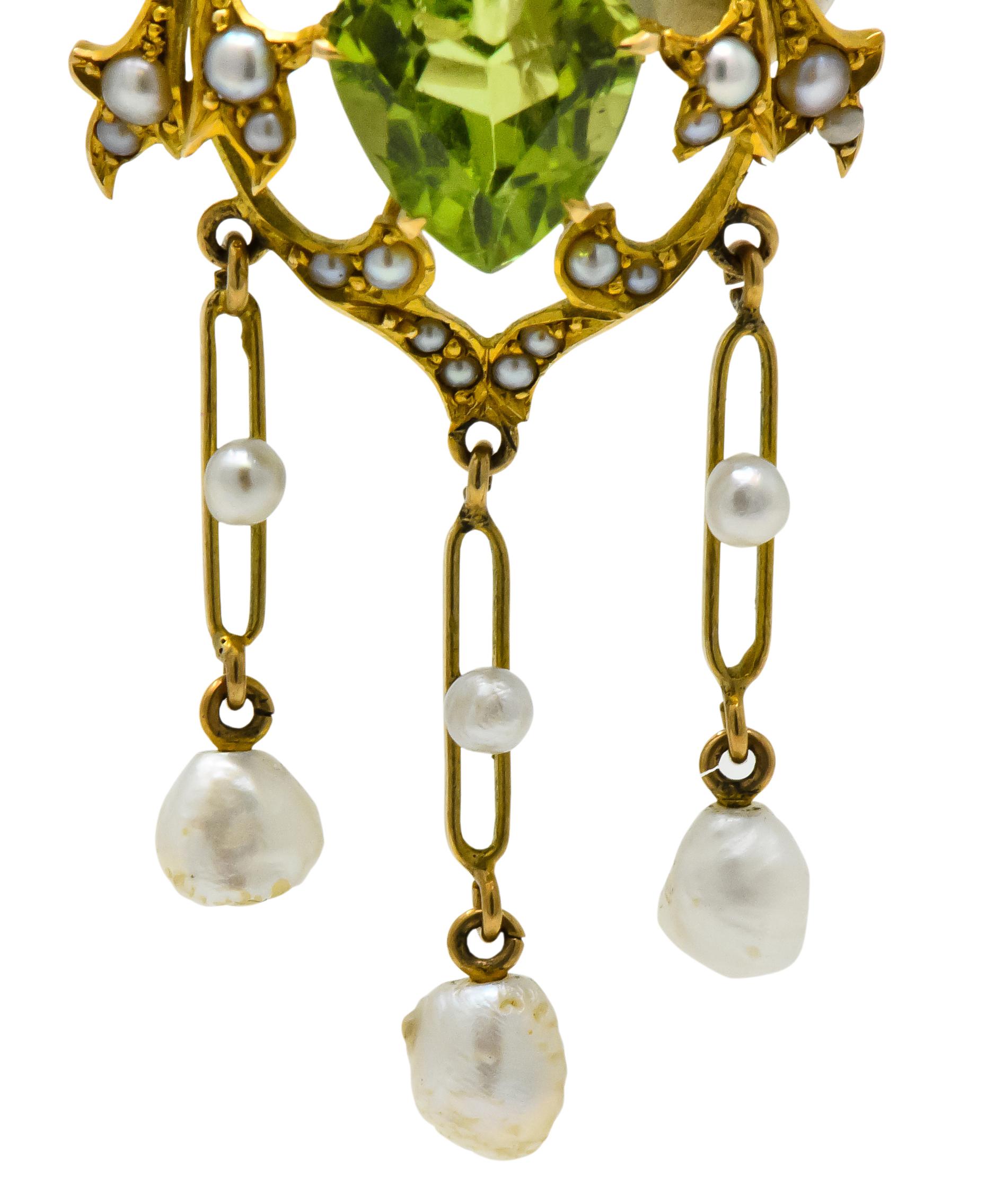 Art Nouveau Peridot Pearl 14 Karat Gold Drop Pendant 1
