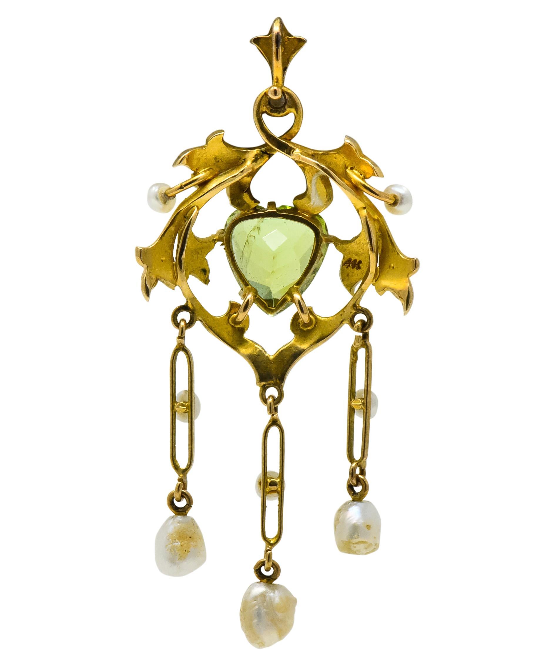 Art Nouveau Peridot Pearl 14 Karat Gold Drop Pendant 2