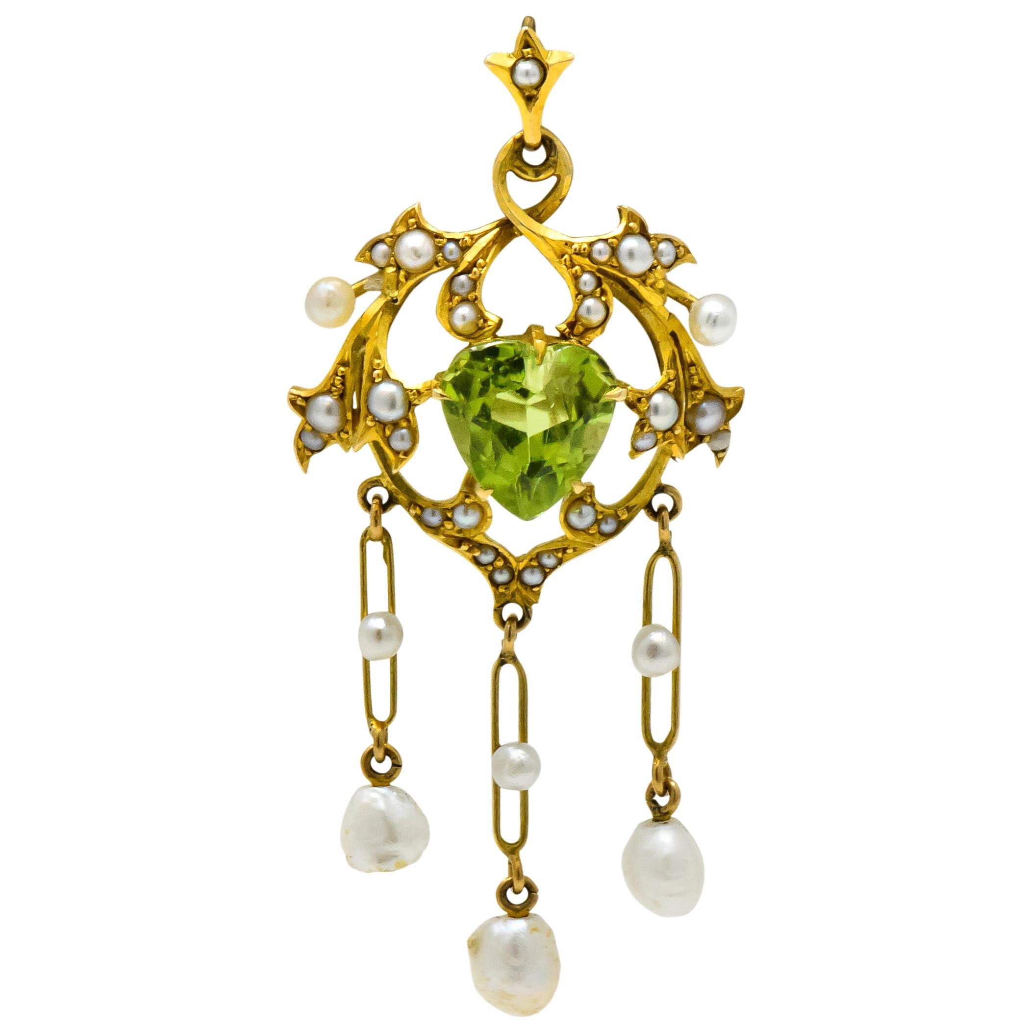 Art Nouveau Peridot Pearl 14 Karat Gold Drop Pendant