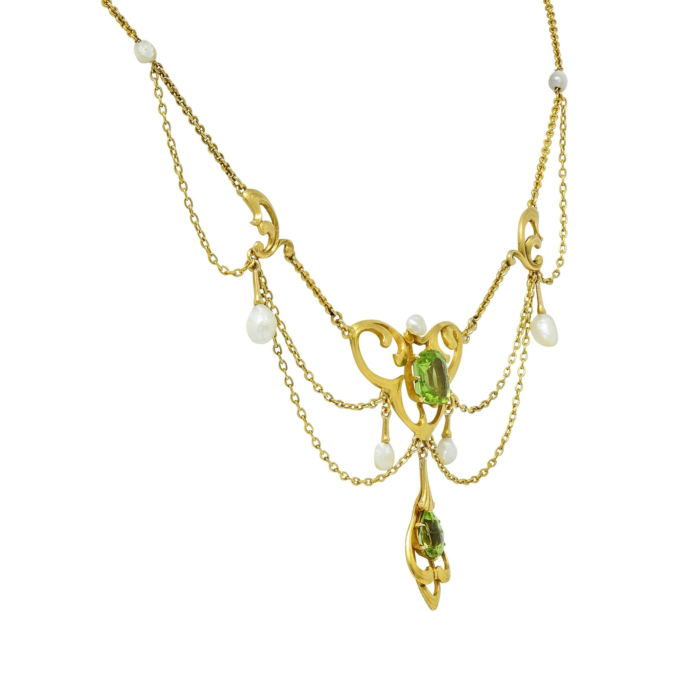 Art Nouveau Peridot Pearl 14 Karat Yellow Gold Festoon Antique Drop Necklace 1