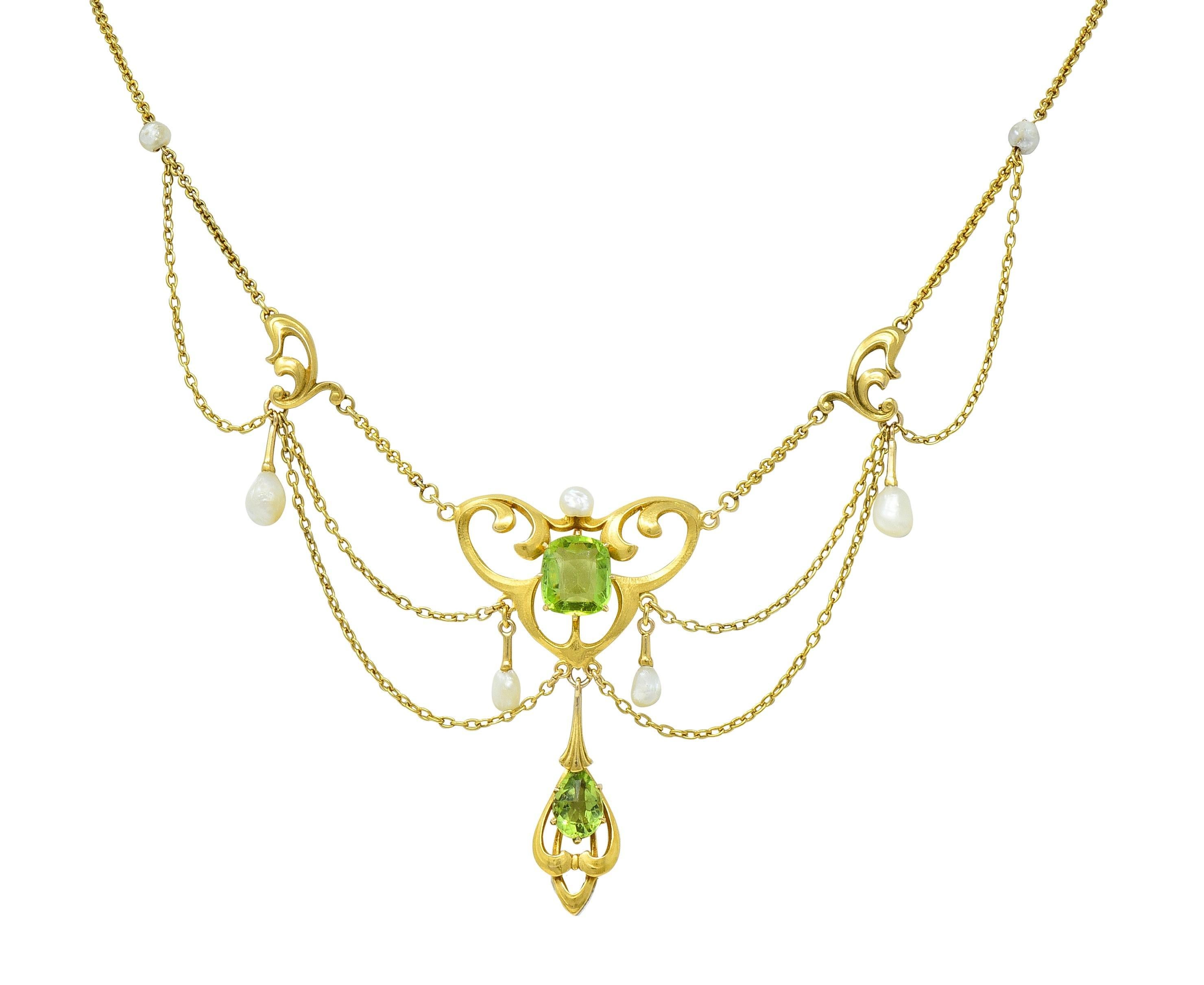Art Nouveau Peridot Pearl 14 Karat Yellow Gold Festoon Antique Drop Necklace 4