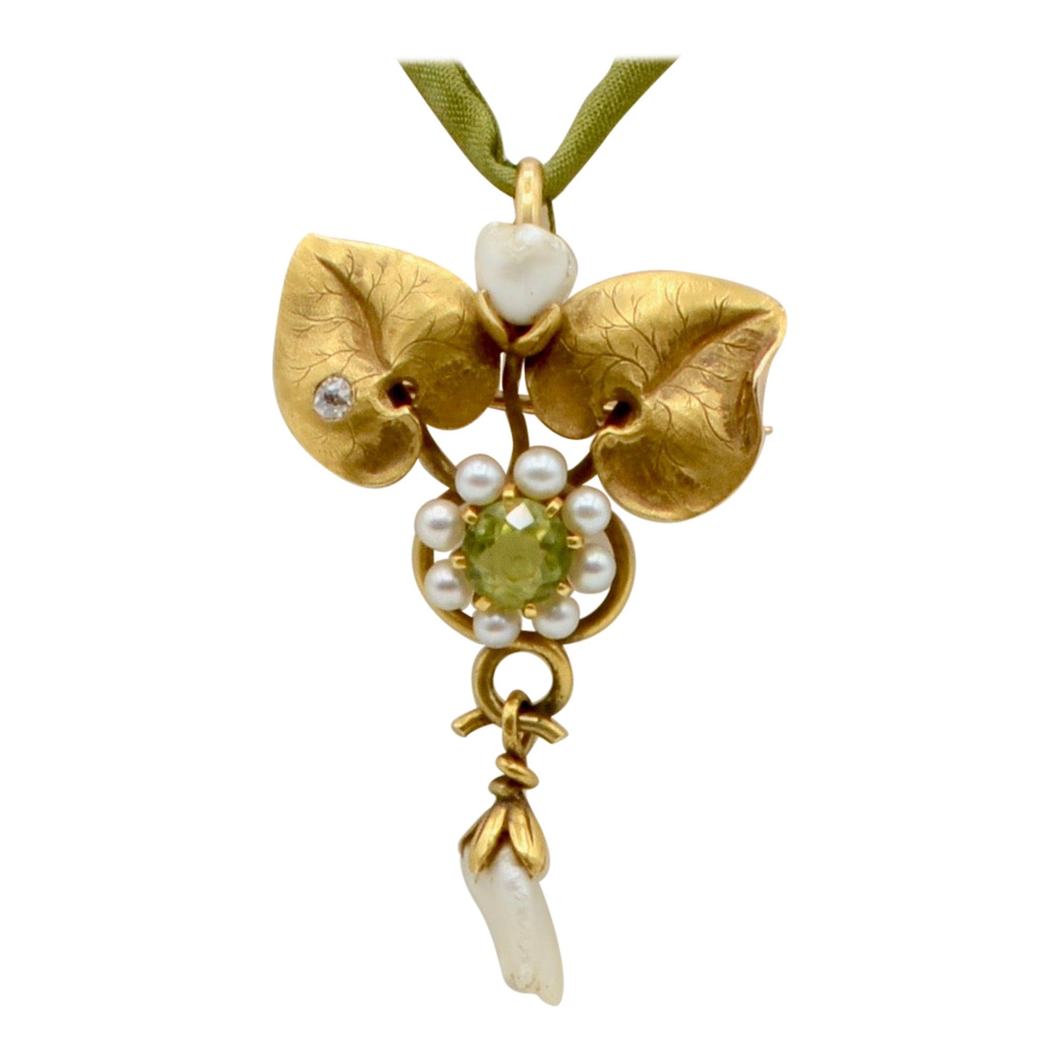 Art Nouveau Peridot, Pearl and Diamond Pendant on Silk Cord, circa 1920s