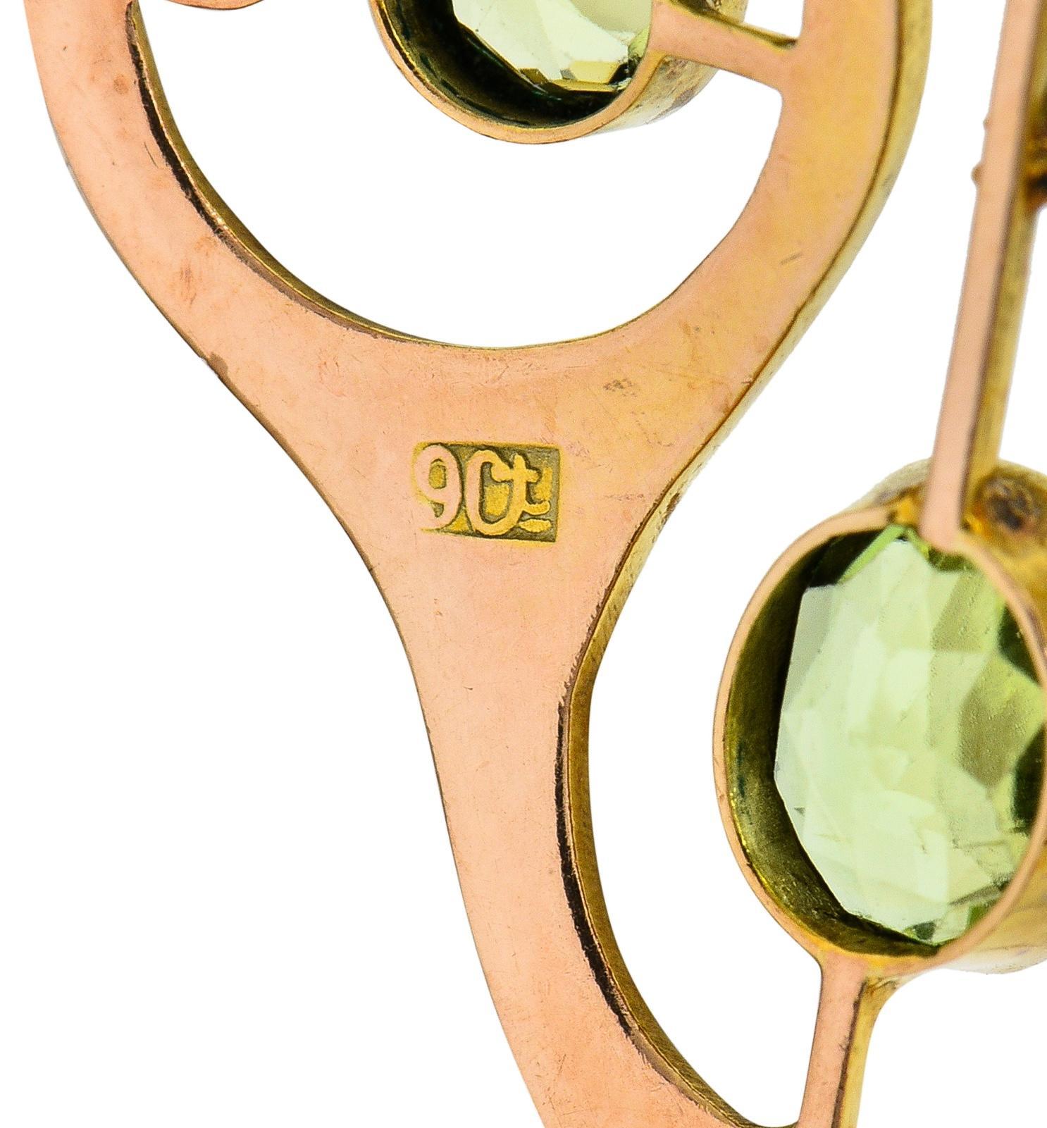 Art Nouveau Peridot Pearl Enamel 9 Karat Rose Gold Antique Lavalier Necklace For Sale 6