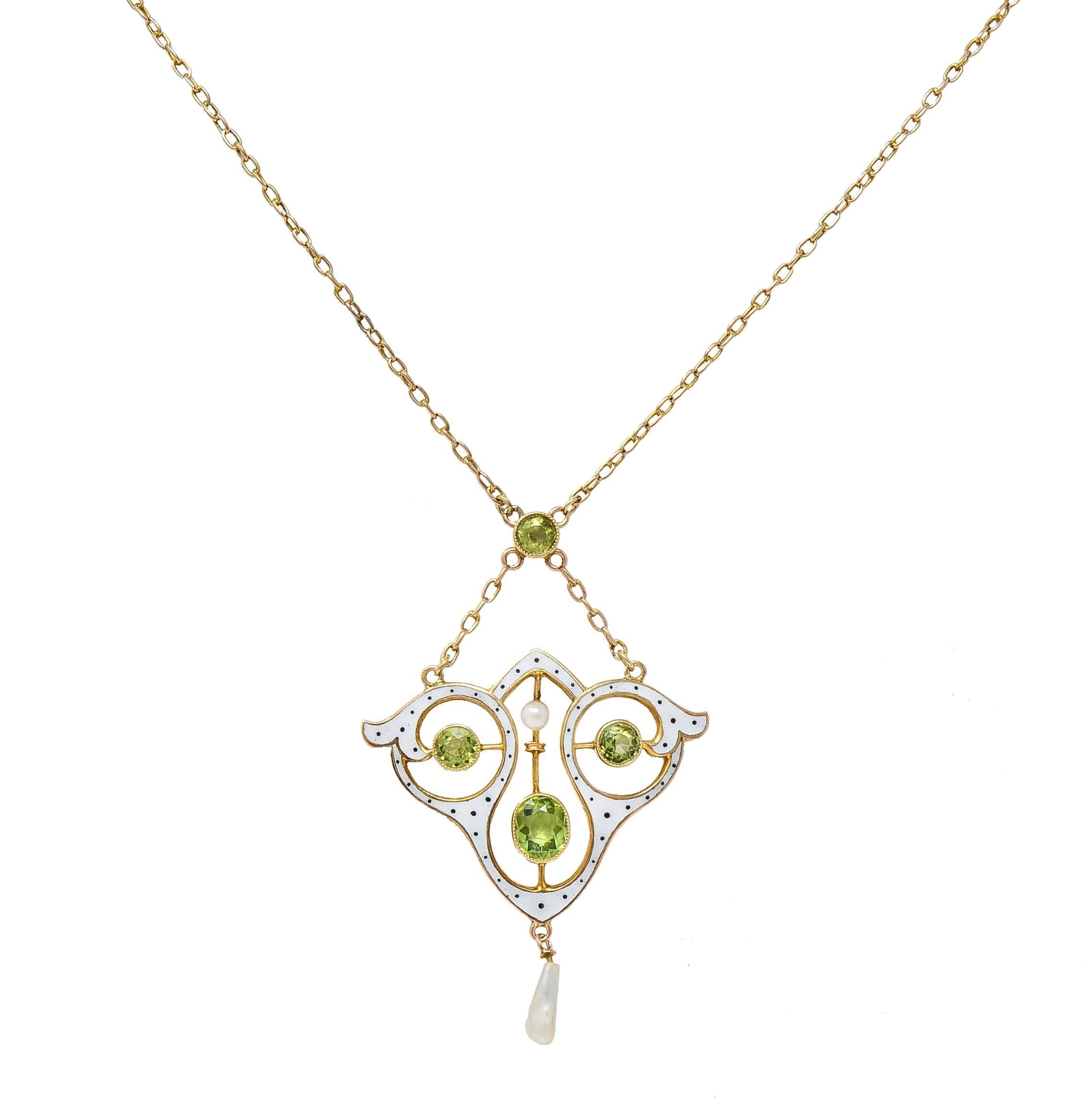 Women's or Men's Art Nouveau Peridot Pearl Enamel 9 Karat Rose Gold Antique Lavalier Necklace