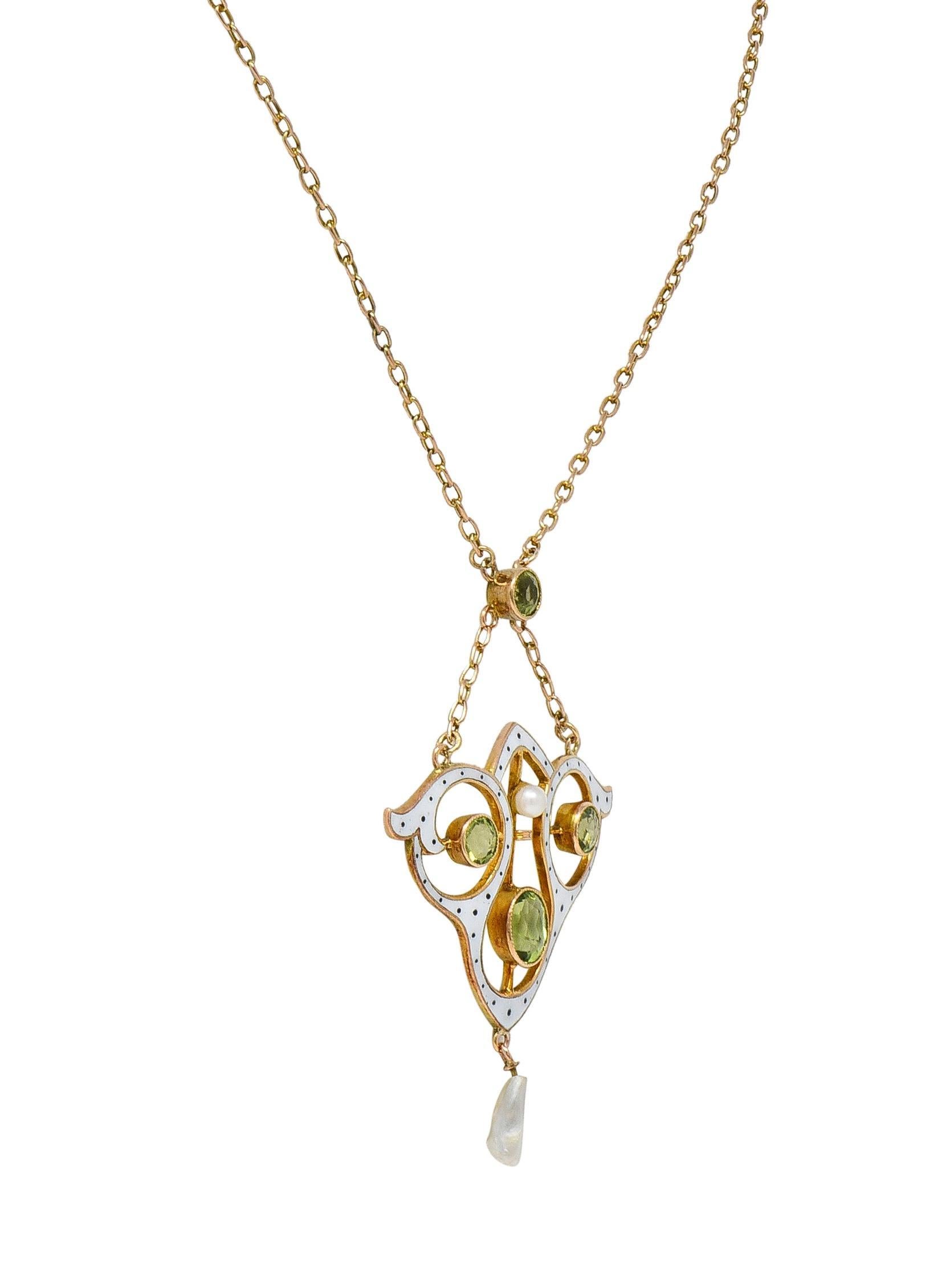 Art Nouveau Peridot Pearl Enamel 9 Karat Rose Gold Antique Lavalier Necklace For Sale 1