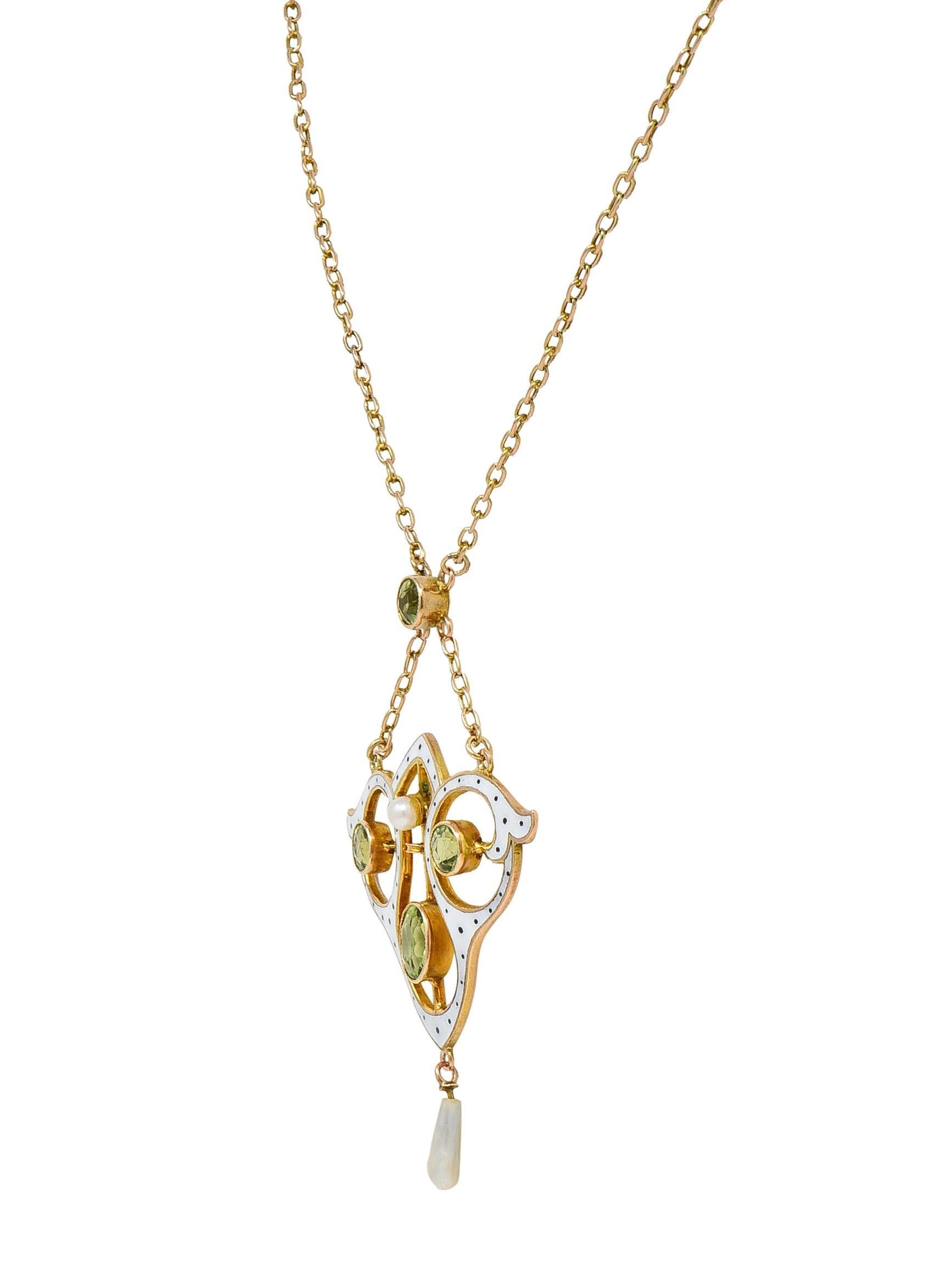 Art Nouveau Peridot Pearl Enamel 9 Karat Rose Gold Antique Lavalier Necklace For Sale 2