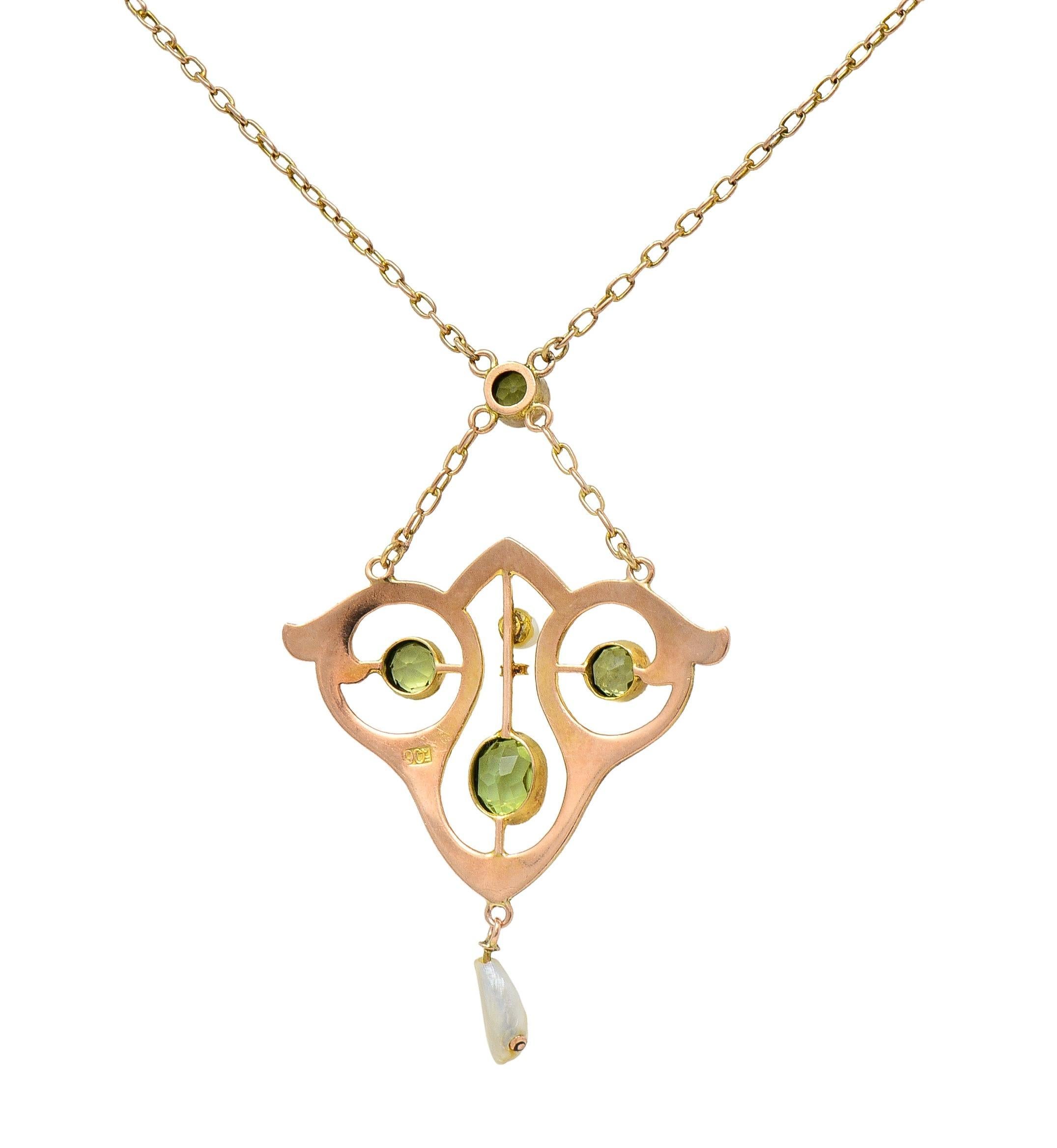 Art Nouveau Peridot Pearl Enamel 9 Karat Rose Gold Antique Lavalier Necklace For Sale 3
