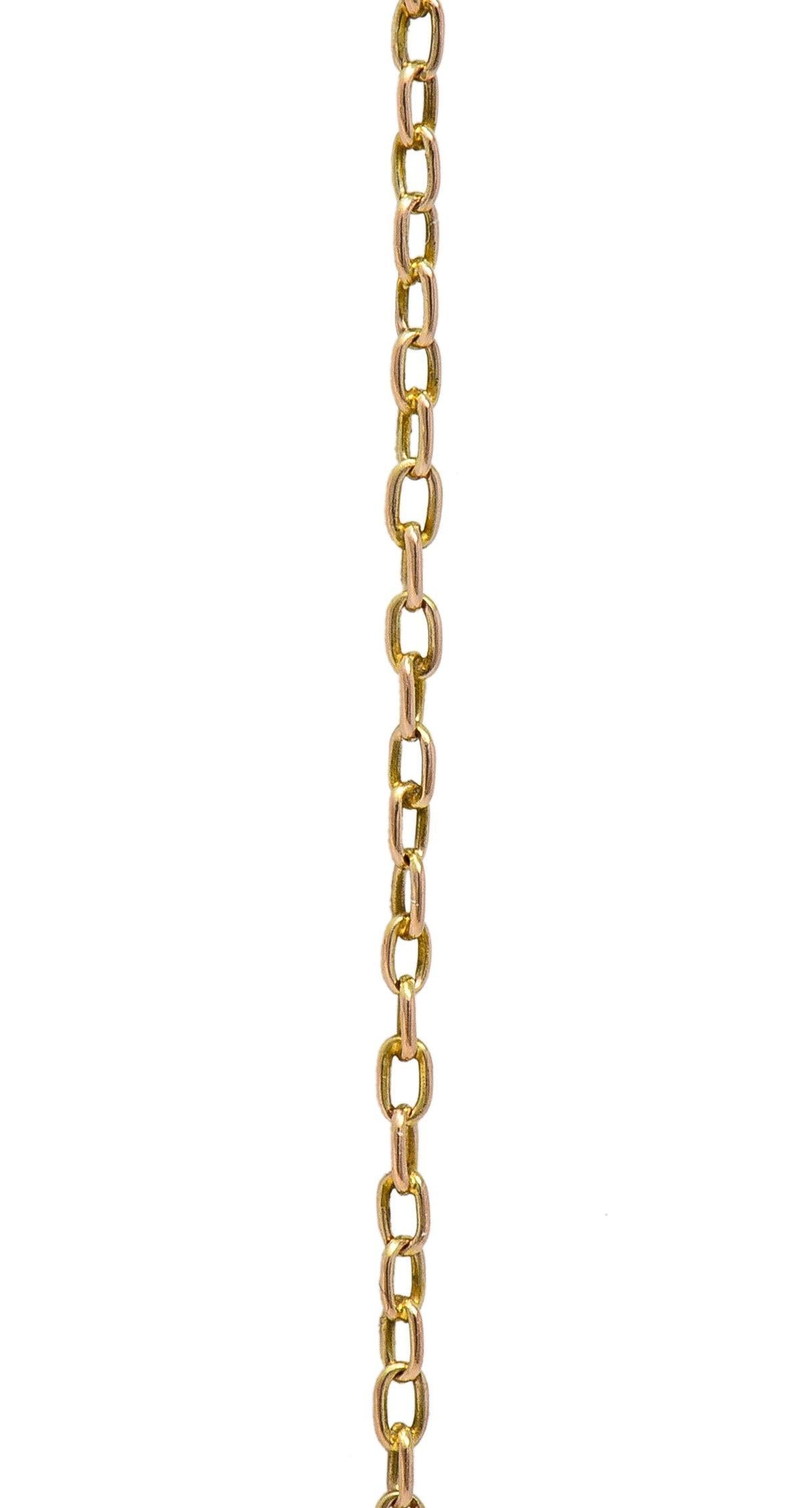 Antike Lavalier-Halskette, Jugendstil, Peridot Perle Emaille 9 Karat Roségold im Angebot 3