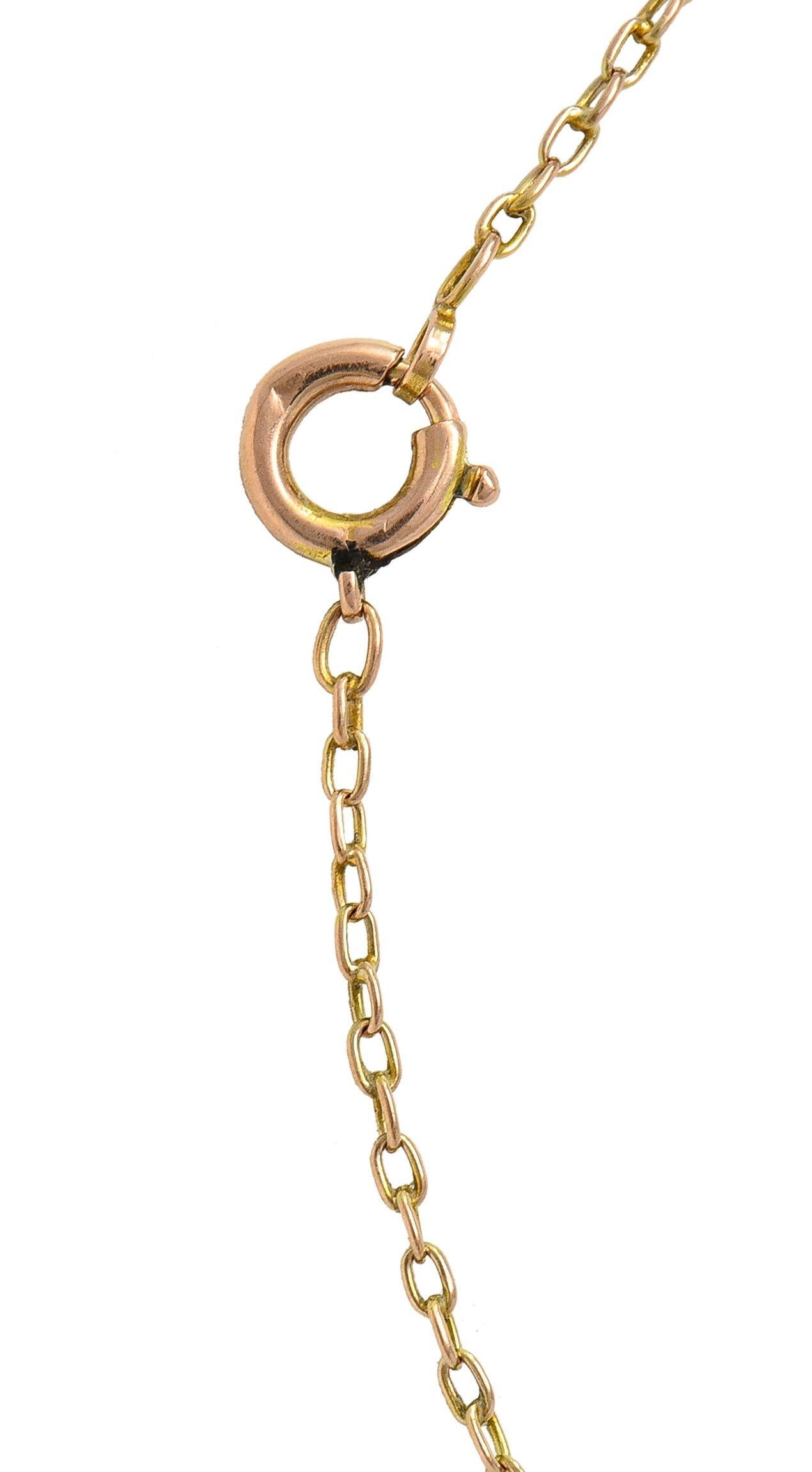 Art Nouveau Peridot Pearl Enamel 9 Karat Rose Gold Antique Lavalier Necklace For Sale 5