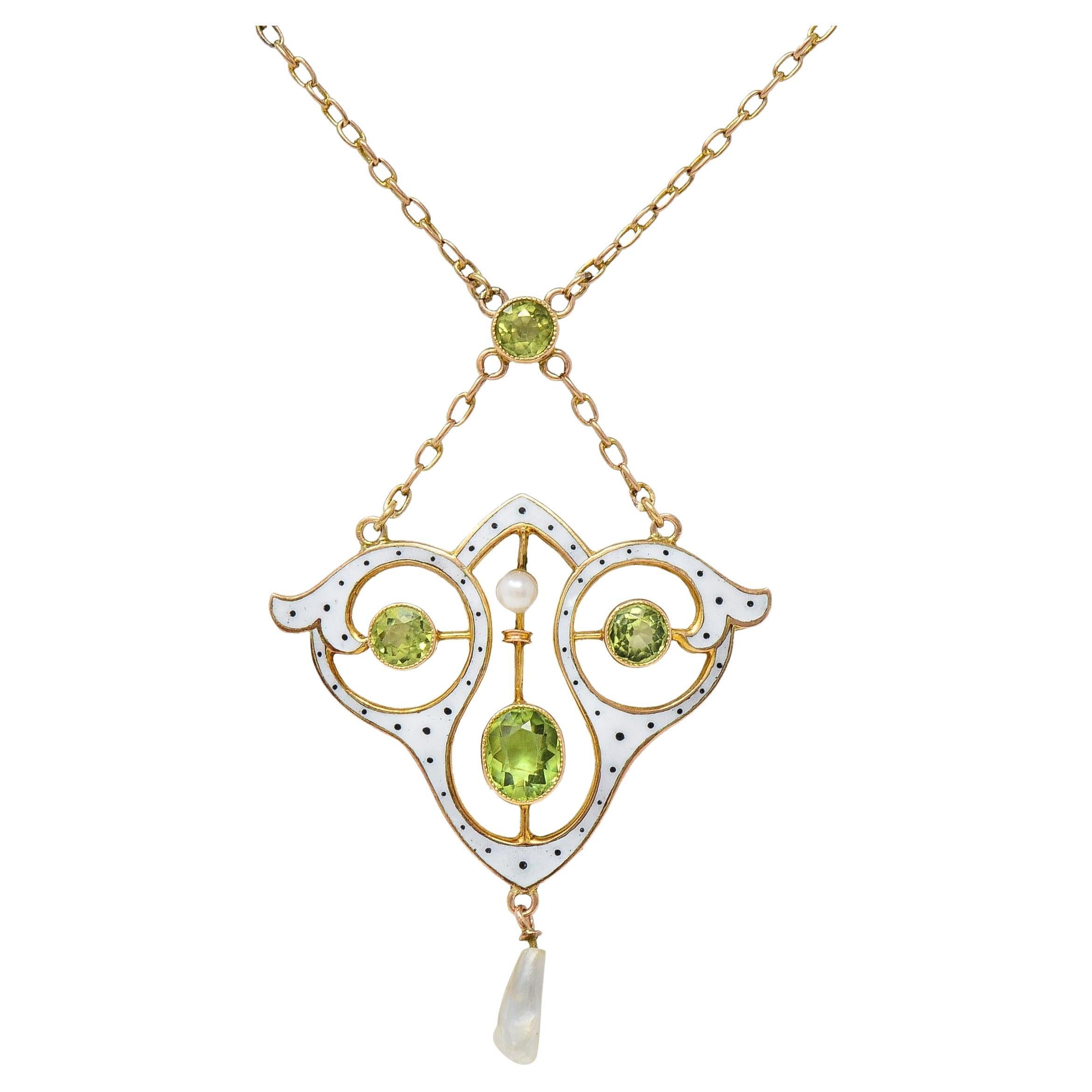 Art Nouveau Peridot Pearl Enamel 9 Karat Rose Gold Antique Lavalier Necklace For Sale