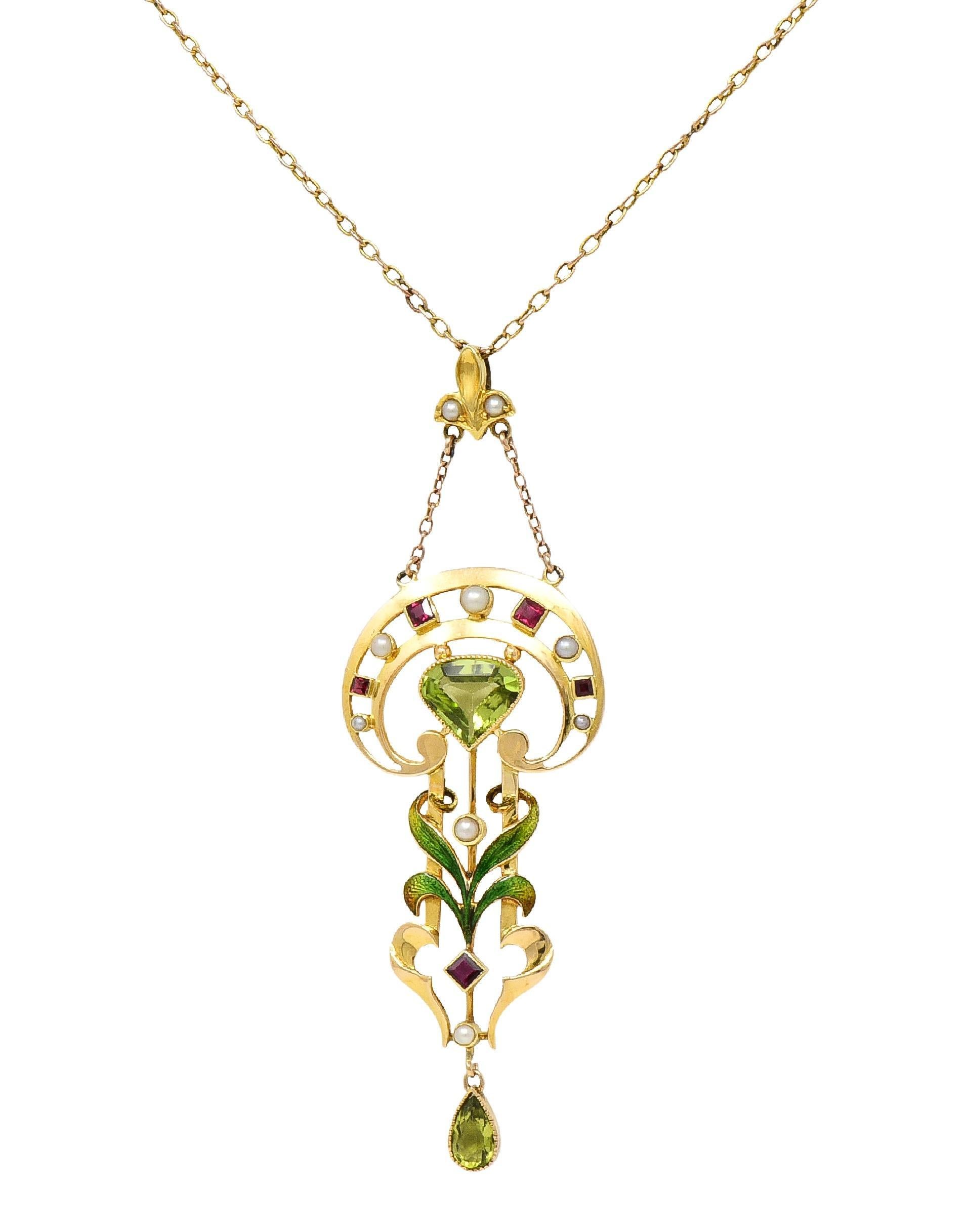 Art Nouveau Peridot Pearl Ruby 15 Karat Yellow Gold Antique Pendant Necklace 6