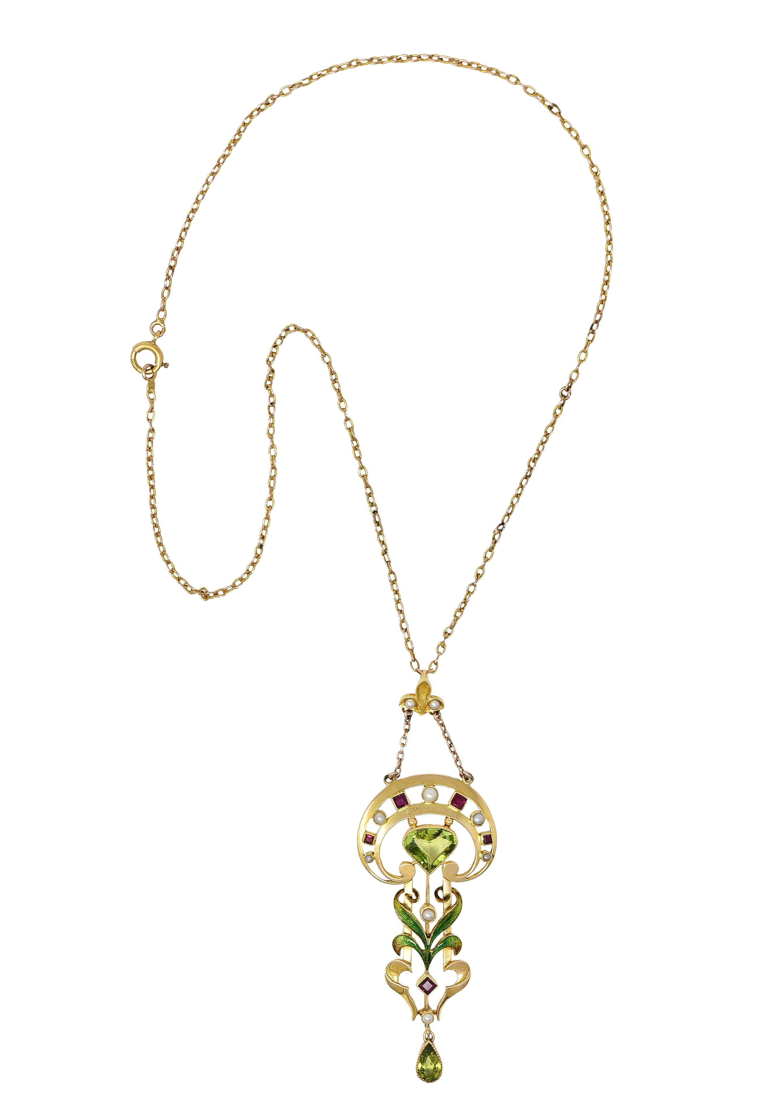 Pear Cut Art Nouveau Peridot Pearl Ruby 15 Karat Yellow Gold Antique Pendant Necklace