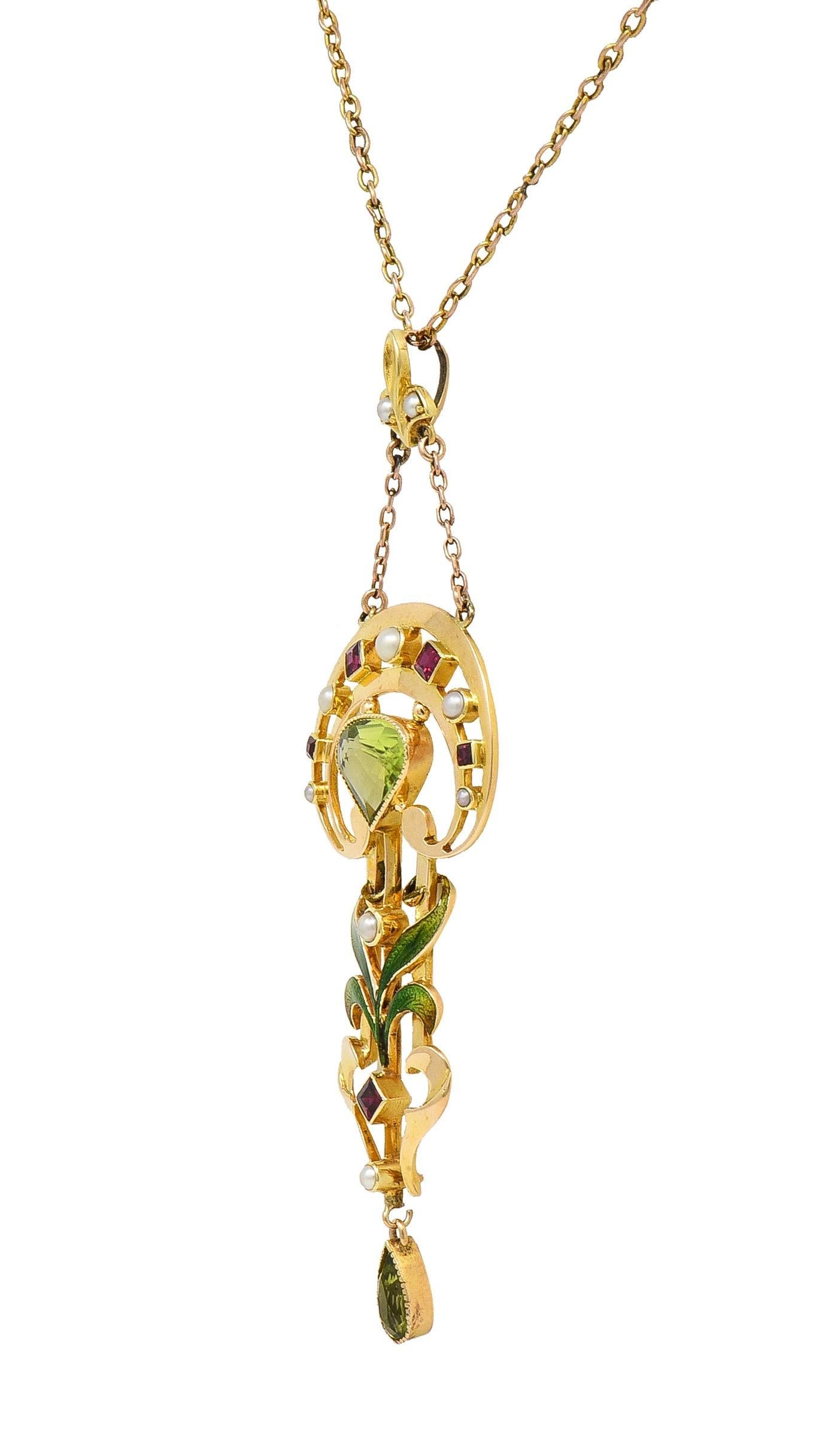 Art Nouveau Peridot Pearl Ruby 15 Karat Yellow Gold Antique Pendant Necklace In Excellent Condition In Philadelphia, PA
