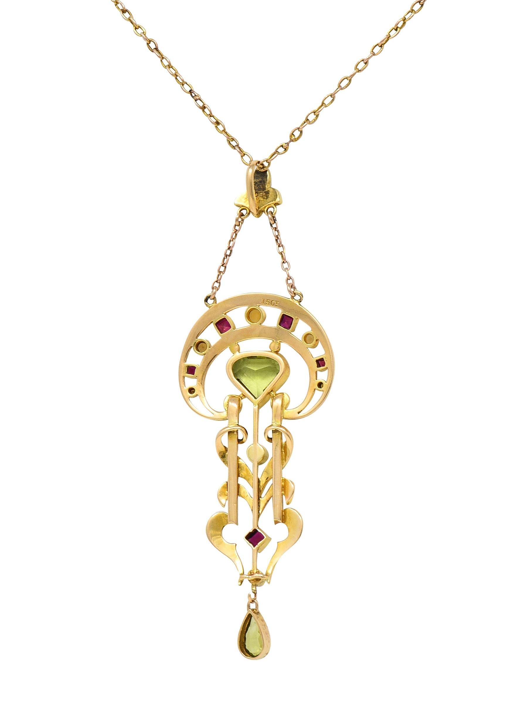 Women's or Men's Art Nouveau Peridot Pearl Ruby 15 Karat Yellow Gold Antique Pendant Necklace