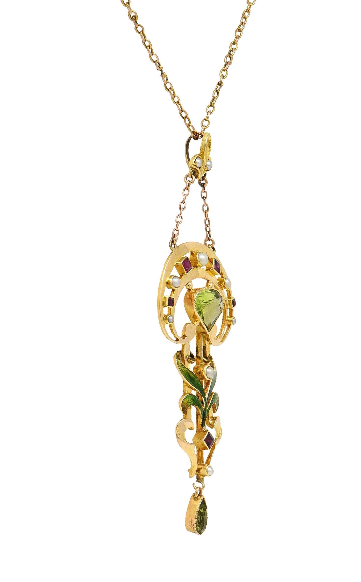 Art Nouveau Peridot Pearl Ruby 15 Karat Yellow Gold Antique Pendant Necklace 1
