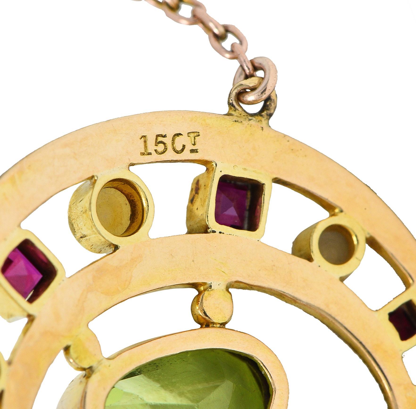 Art Nouveau Peridot Pearl Ruby 15 Karat Yellow Gold Antique Pendant Necklace 2
