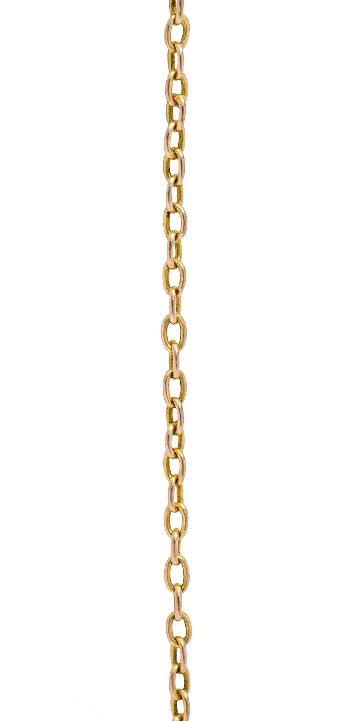 Art Nouveau Peridot Pearl Ruby 15 Karat Yellow Gold Antique Pendant Necklace 4