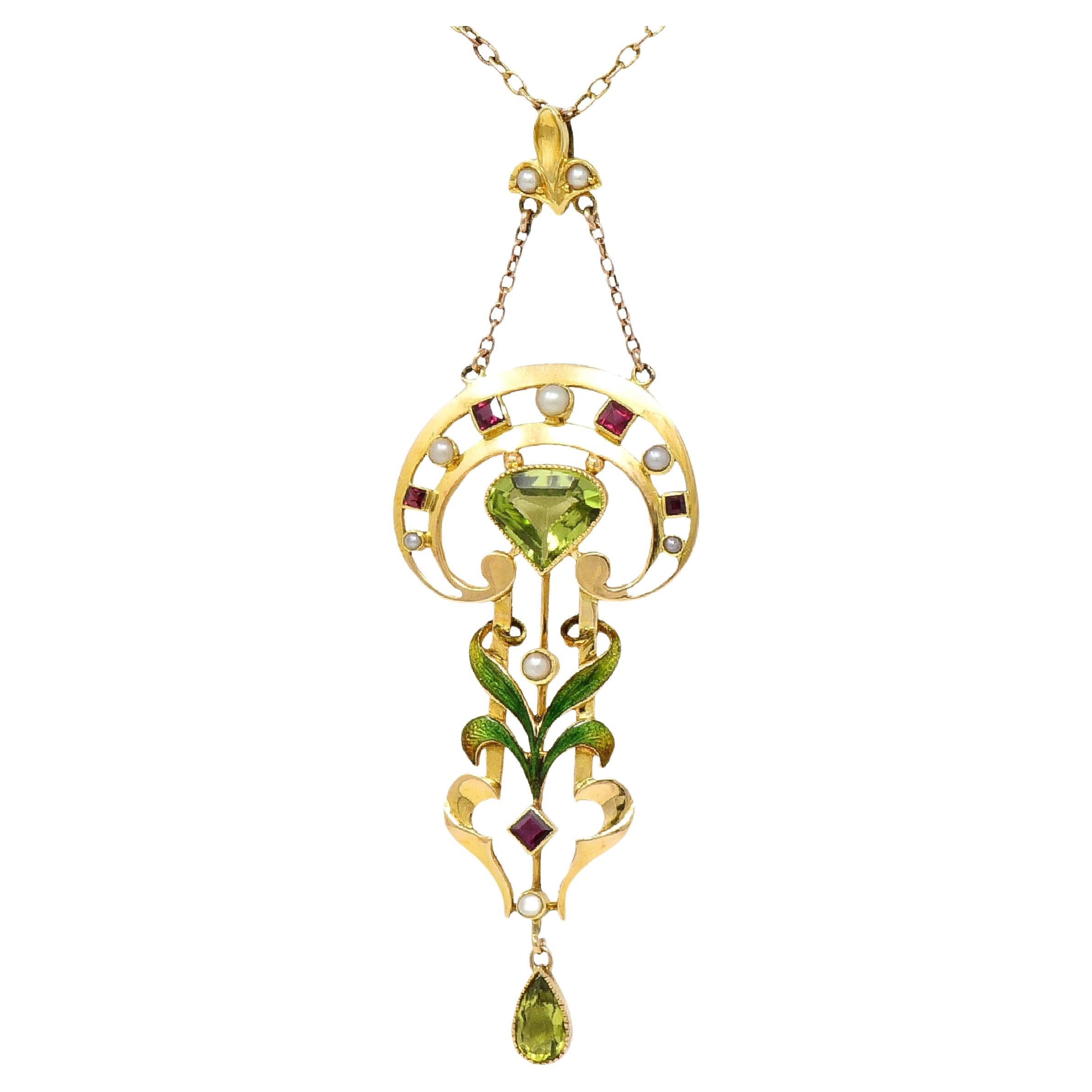 Art Nouveau Peridot Pearl Ruby 15 Karat Yellow Gold Antique Pendant Necklace