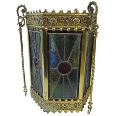 Antique Art Nouveau Period Brass and Leadlight Hexagonal Hanging Lamp Shade