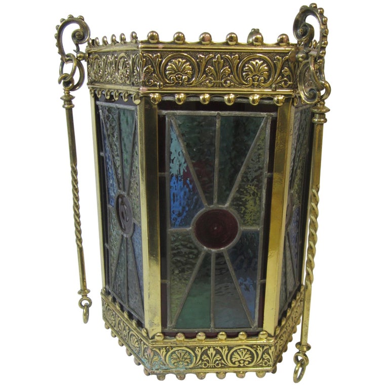 Art Nouveau Period Brass and Leadlight Hexagonal Hanging Lamp Shade For