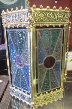 Art Nouveau Period Brass and Leadlight Hexagonal Hanging Lamp Shade