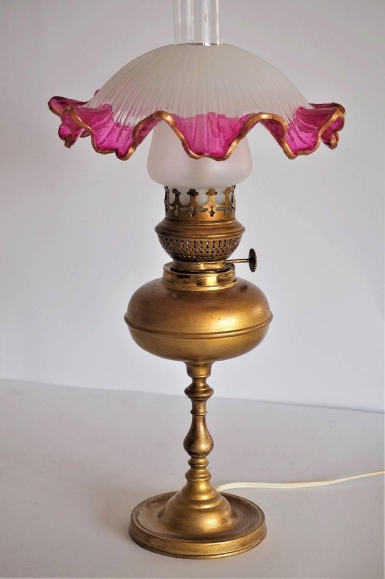 Art Nouveau Period Brass Etched Glass Electrified Oil Lamp