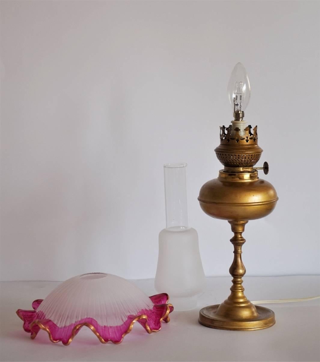 Portuguese Art Nouveau Period Brass Etched Glass Electrified Oil Lamp