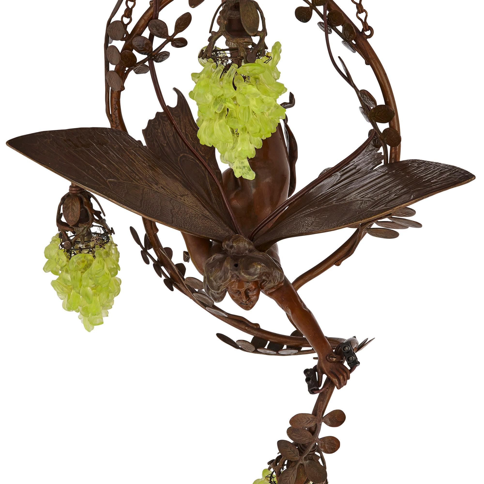 Patinated Art Nouveau Period Bronze and Colored Glass Chandelier For Sale