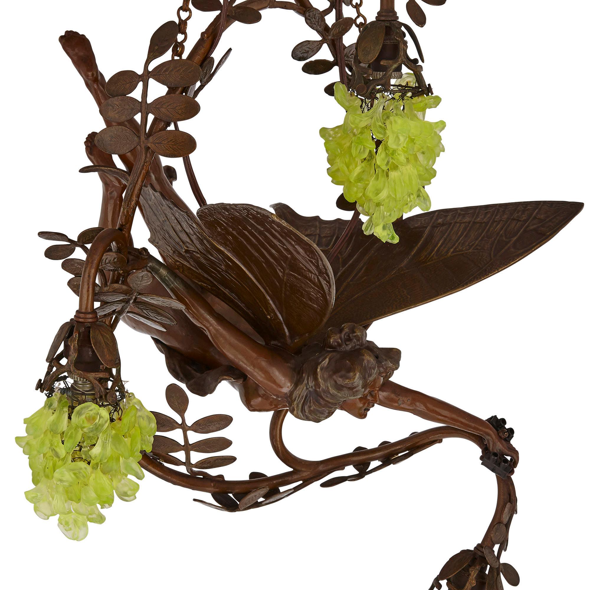 Early 20th Century Art Nouveau Period Bronze and Colored Glass Chandelier For Sale