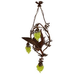 Antique Art Nouveau Period Bronze and Colored Glass Chandelier