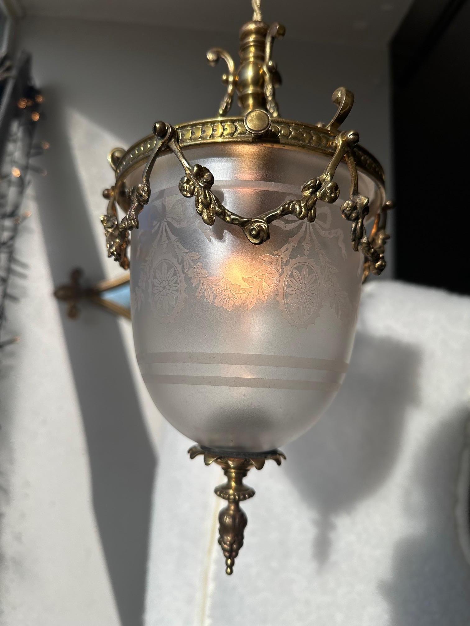 Art Nouveau Period Bronze and Engraved Crystal Lantern For Sale 3