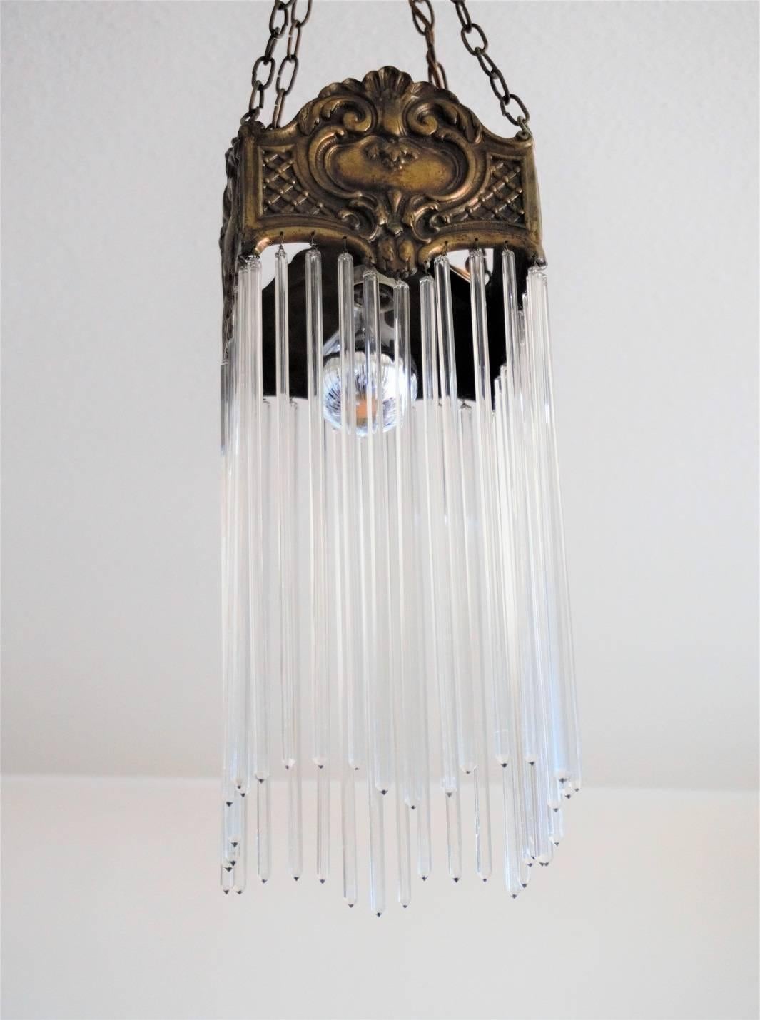 Art Nouveau Period Bronze and Long Faceted Crystal Rods Chandelier or Lantern In Good Condition In Frankfurt am Main, DE