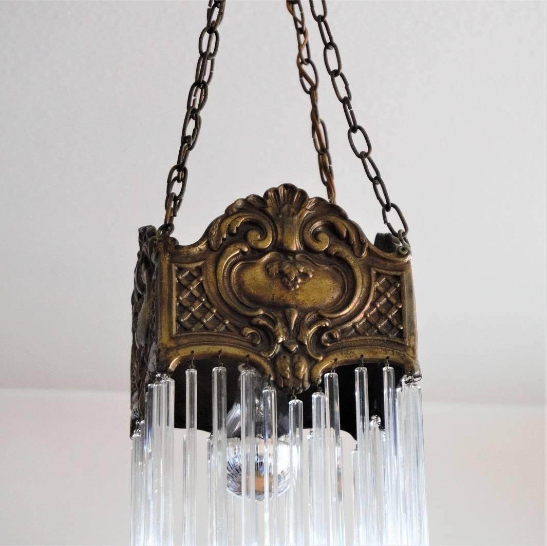20th Century Art Nouveau Period Bronze and Long Faceted Crystal Rods Chandelier or Lantern