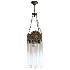 Art Nouveau Period Bronze and Long Faceted Crystal Rods Chandelier or Lantern