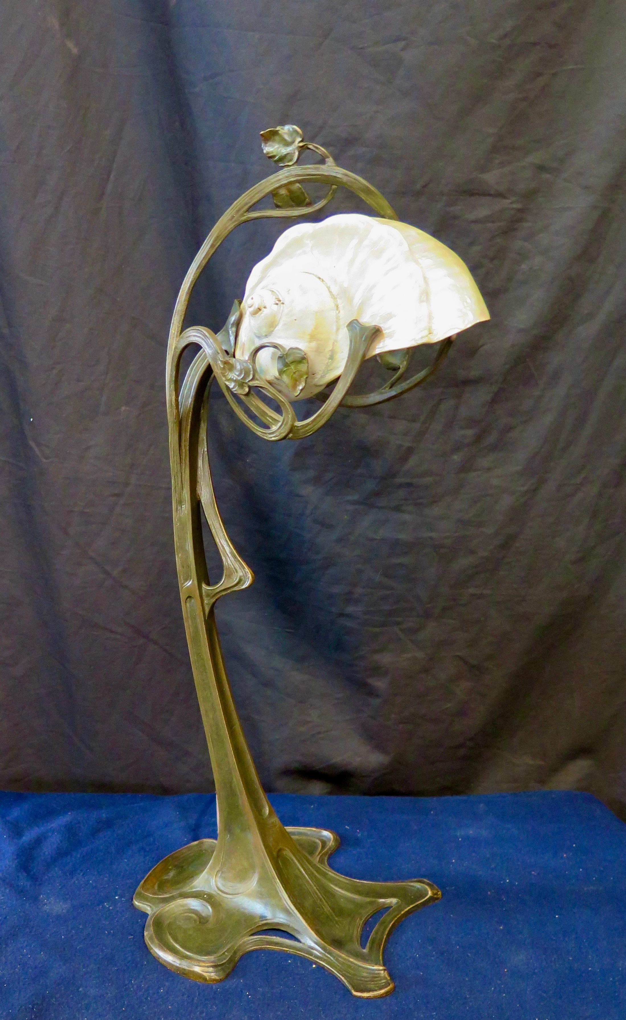 Patinated Art Nouveau Period Bronze and Shell Lamp For Sale