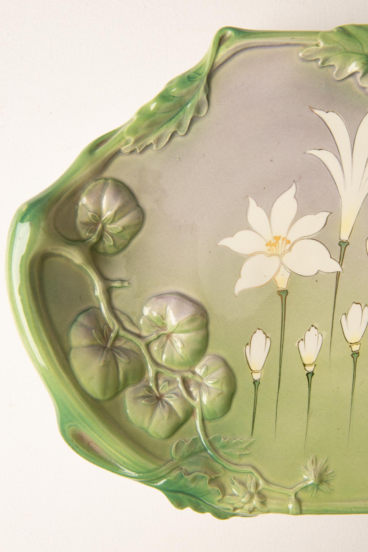 Dyed Art Nouveau Period Ceramic Plate with Leaves in Relief For Sale