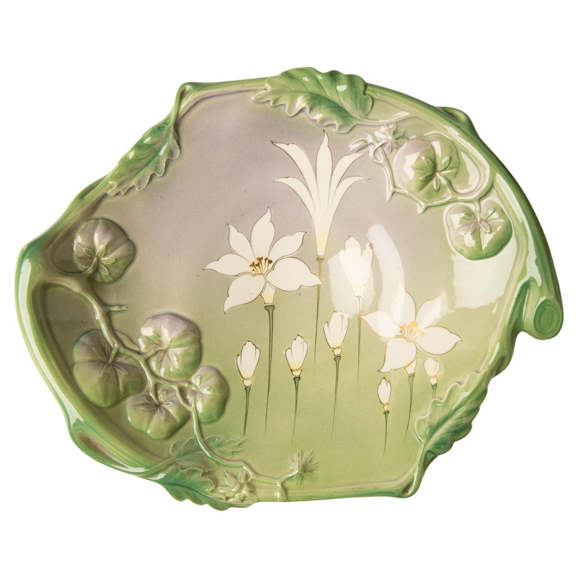 Art Nouveau Period Ceramic Plate with Leaves in Relief