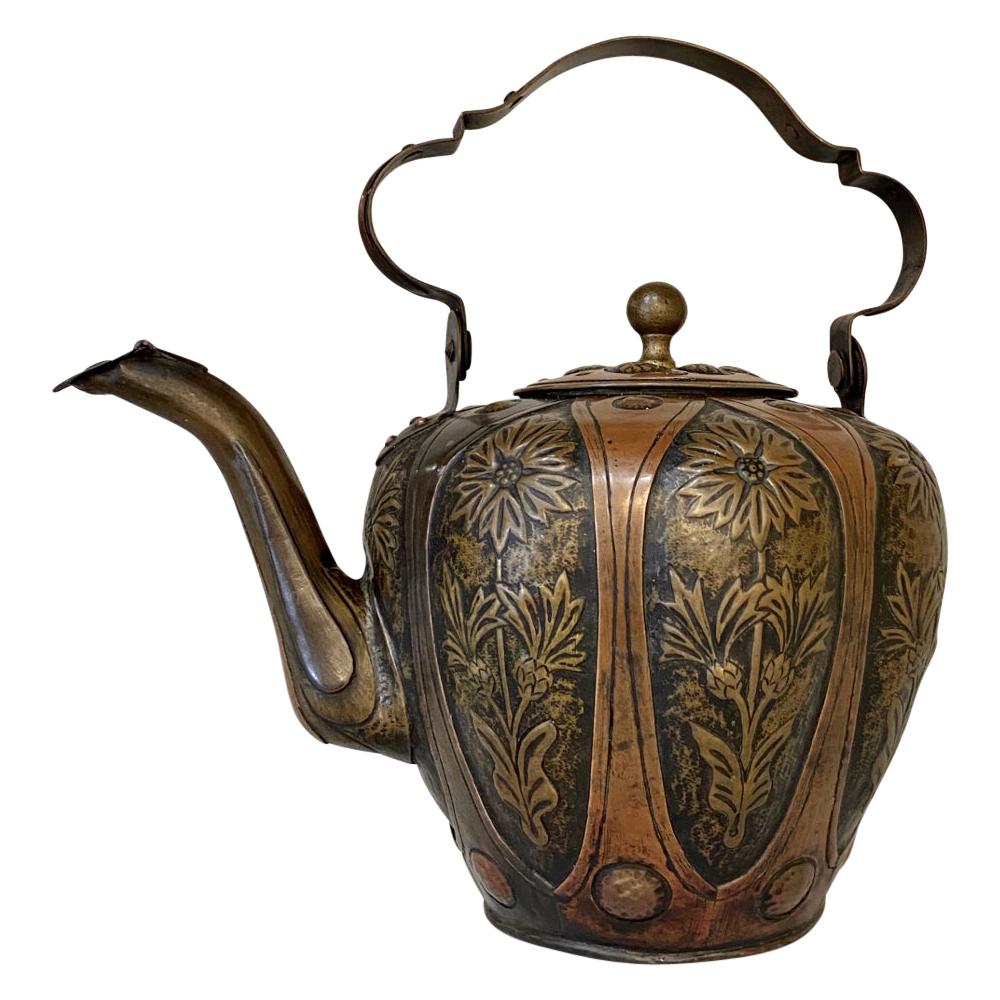 Art Nouveau Period Italian Embossed Copper and Brass Teapot at 1stDibs