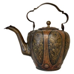 Antique Art Nouveau Period Italian Embossed Copper and Brass Teapot