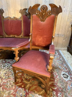 Art Nouveau period lounge suite Neo-Gothic style walnut sofa and pair of armchai