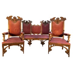 Art Nouveau period lounge suite Neo-Gothic style walnut sofa and pair of armchai