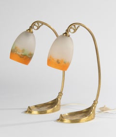 Art Nouveau Period Pair Brass Table Lamps Pate Glass Muller Frères