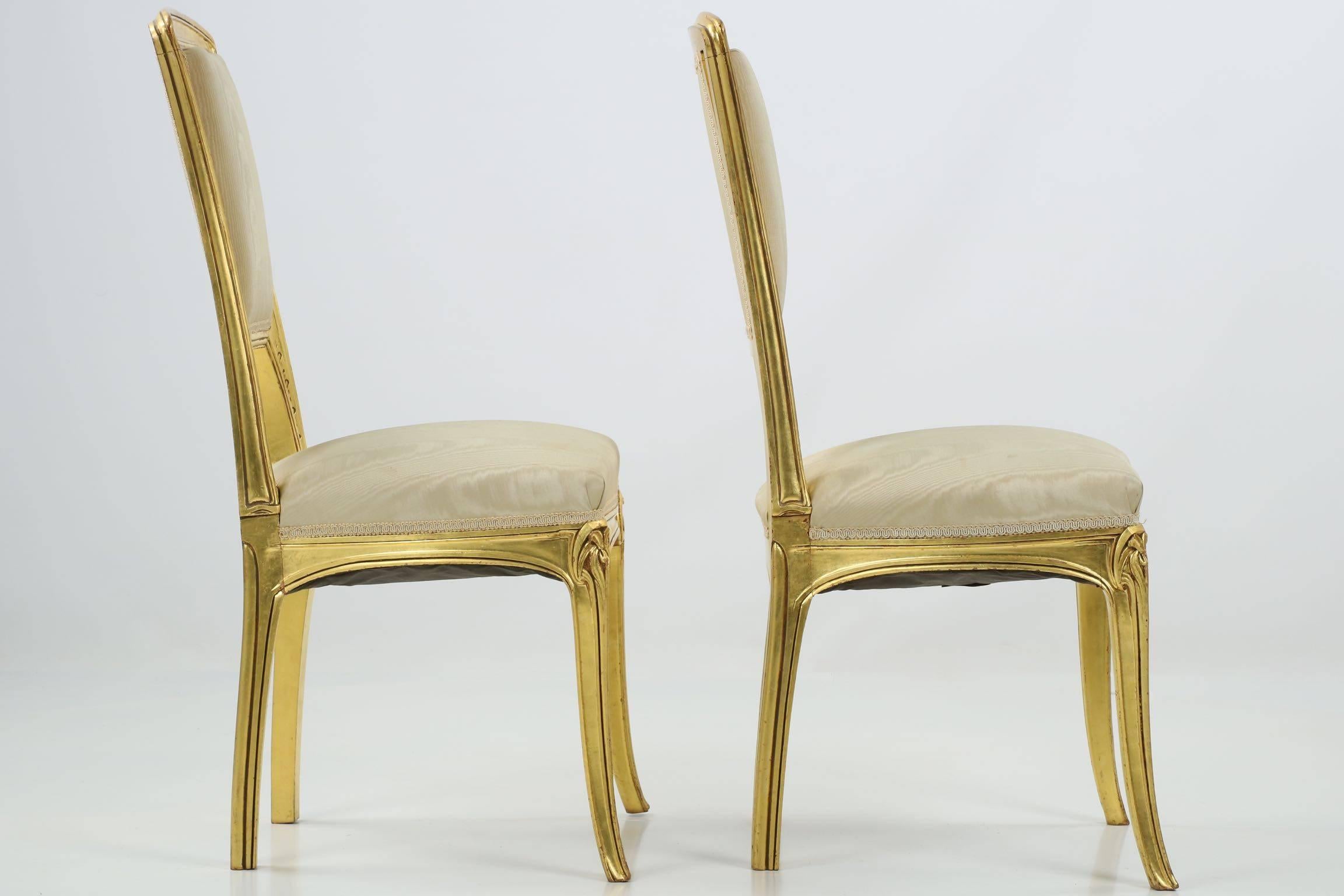 French Art Nouveau Period Pair of Carved Giltwood Antique Side Chairs, 20th Century