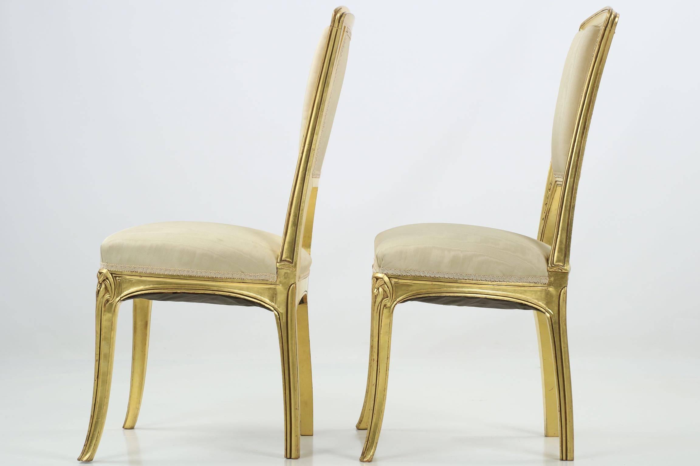 Beech Art Nouveau Period Pair of Carved Giltwood Antique Side Chairs, 20th Century