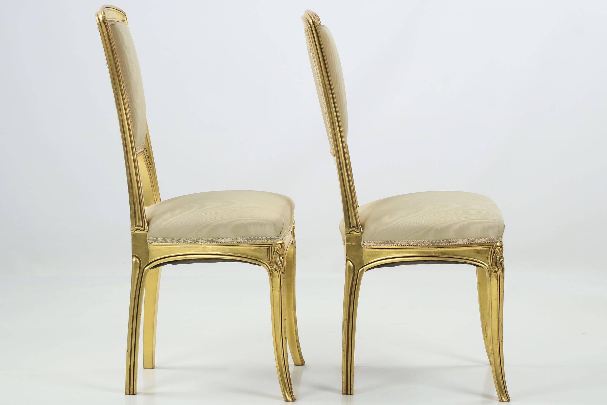 French Art Nouveau Period Pair of Giltwood Antique Side Chairs, circa 1900