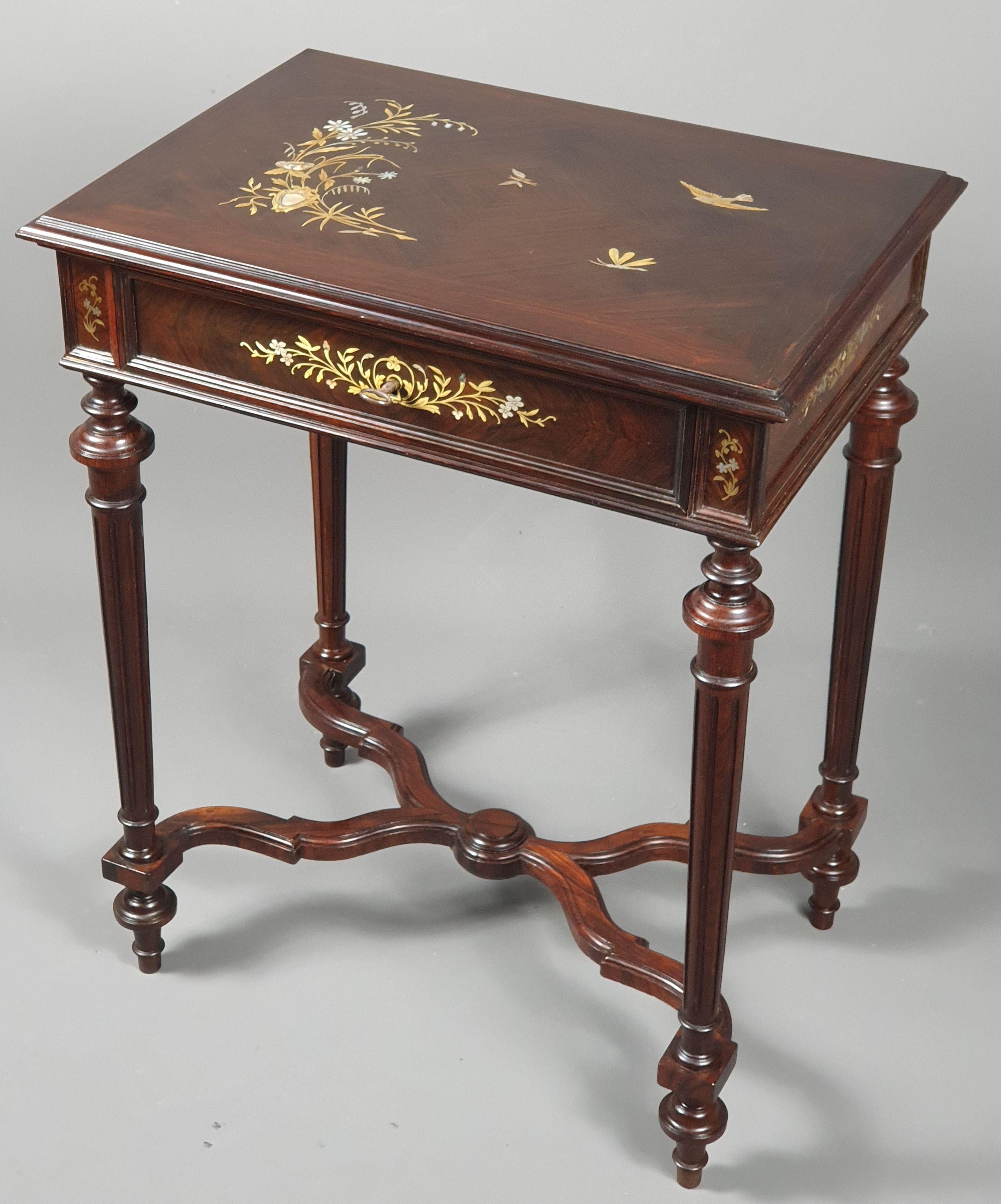 French Art Nouveau Period Side Table in Brass and Mother of Pearl Marquetry For Sale