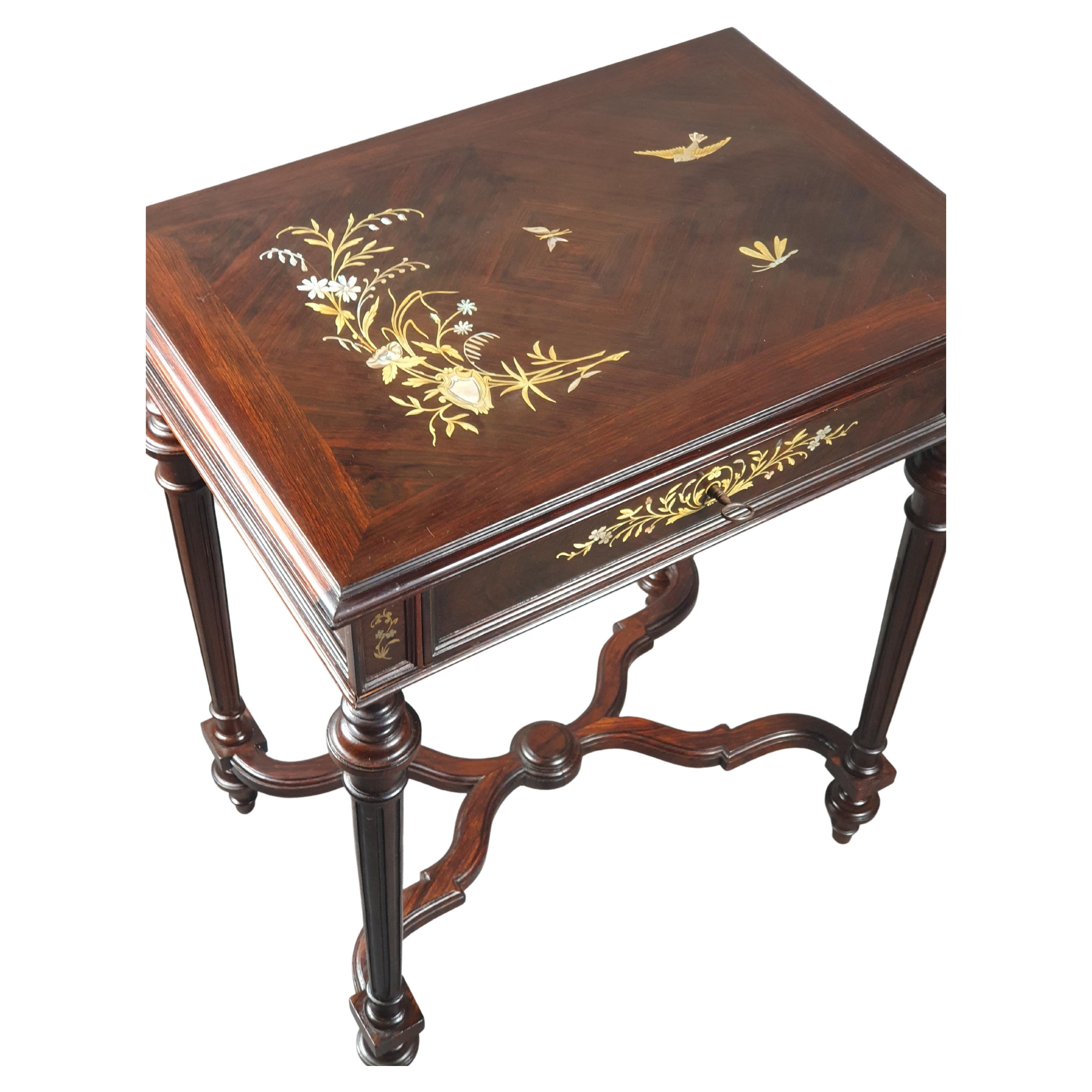 Art Nouveau Period Side Table in Brass and Mother of Pearl Marquetry For Sale