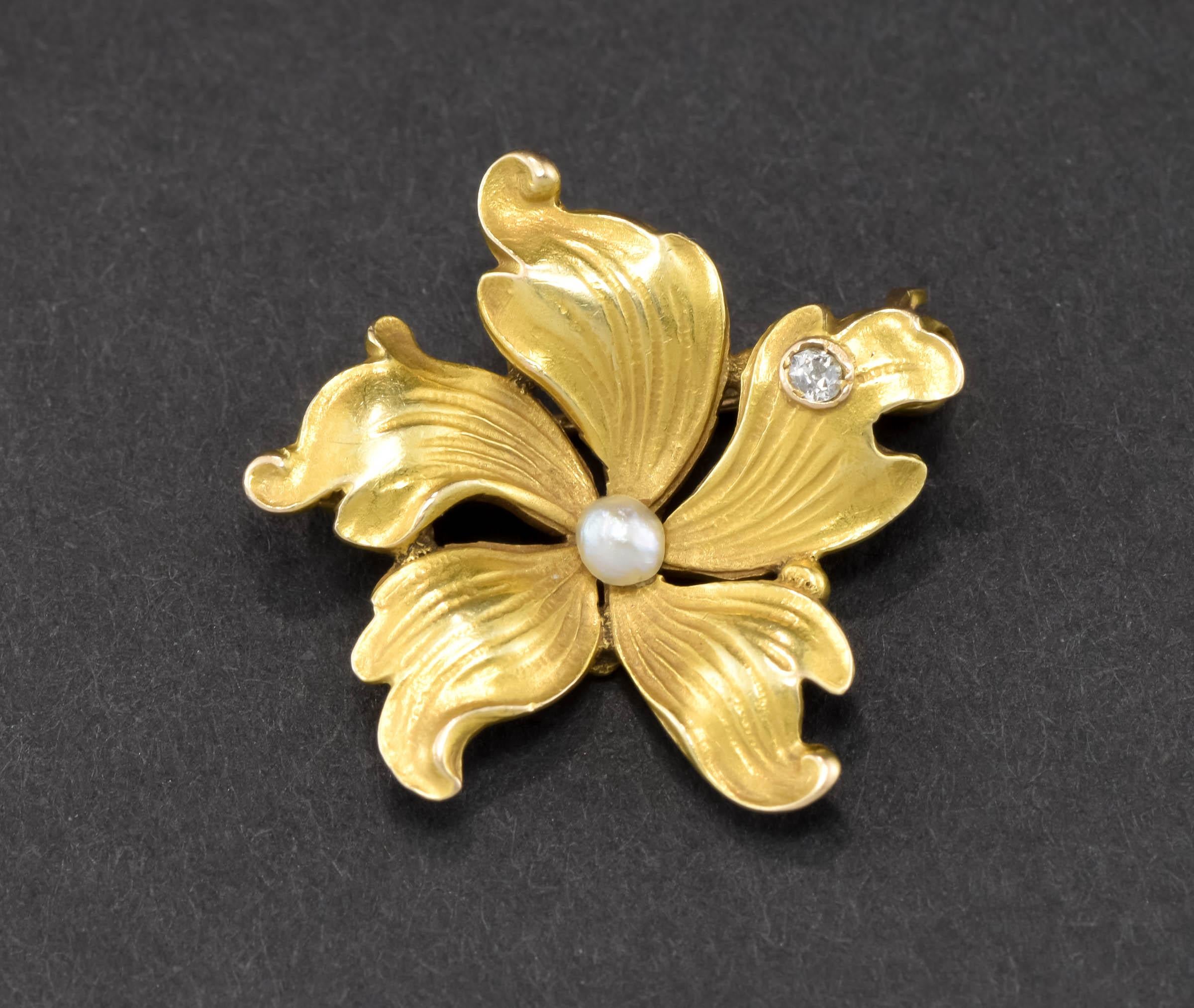 Offered is a beautiful, dainty and petite Art Nouveau period gold flower brooch pin in lovely original condition.

Finely made in 14K yellow gold, the piece retains most of its original bloomed finish with the characteristic matte surface so popular