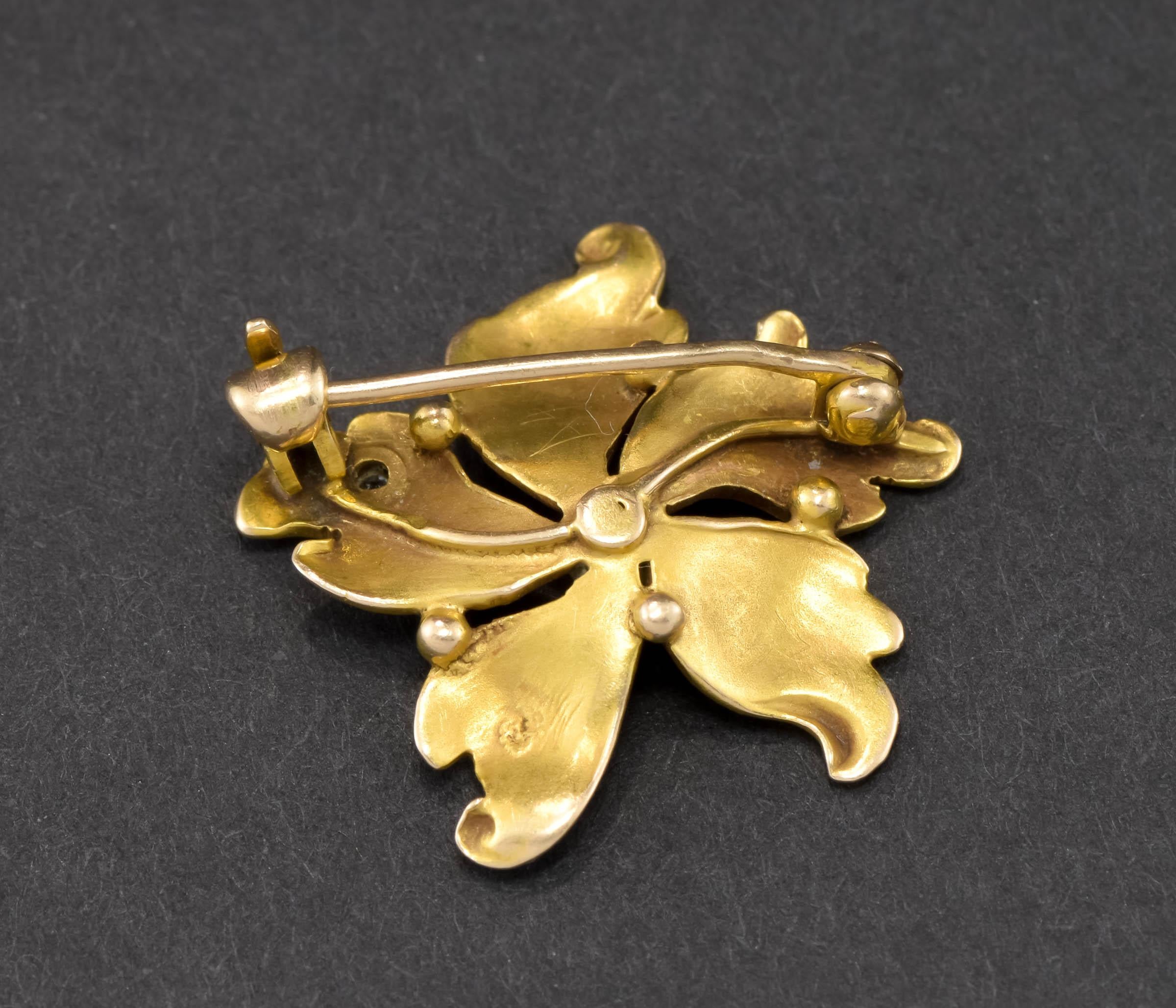Old Mine Cut Art Nouveau Petite Gold Flower Brooch Pin with Old Cut Diamond & Pearl For Sale